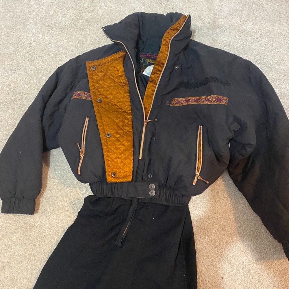 Vintage Nils Schoeller One piece 80's 90's ski suit. Gold black quilted top 10